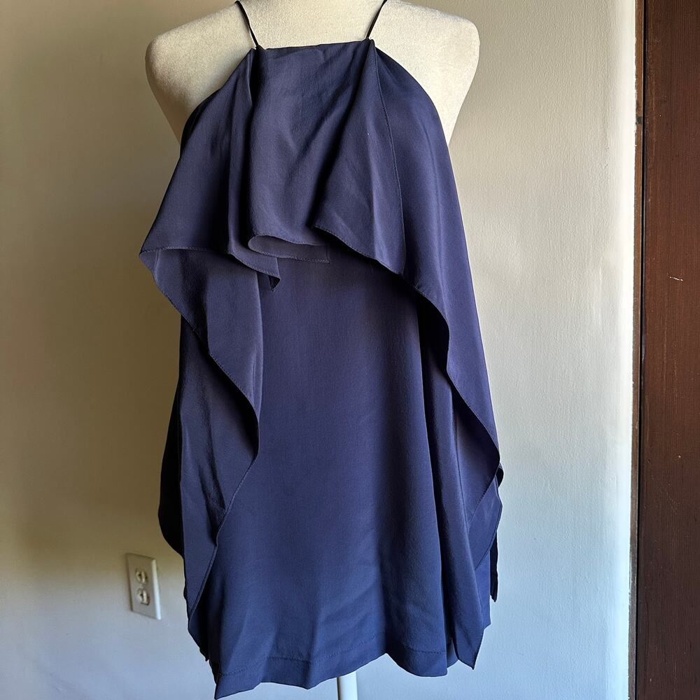 ROBERT RODRIGUEZ | Navy Silk Ruffle High Neck Flutter Tank Blouse | Size Small
